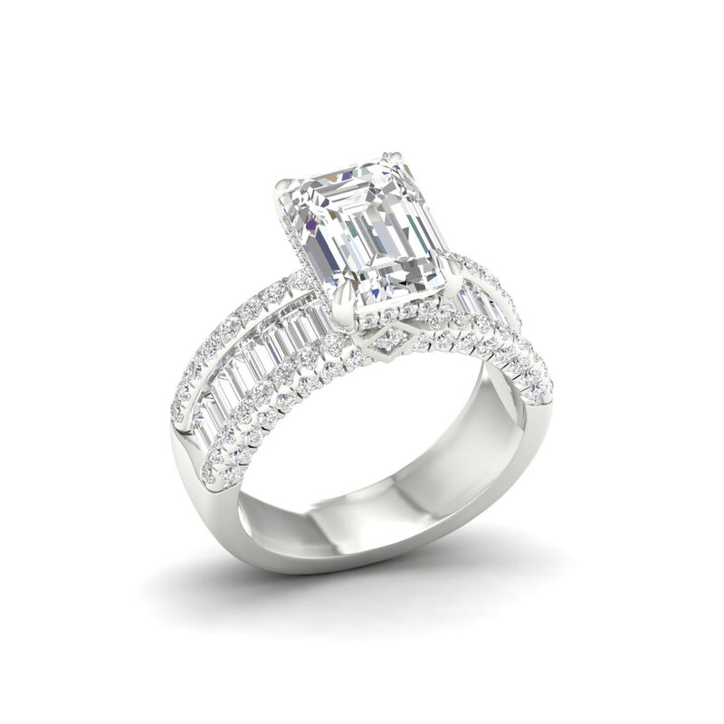 Emerald-Cut Lab Grown 4.50ctw. Diamond With Baguette & Brilliant-Cut Multi-Row Engagement Ring in 14k White Gold image number null